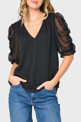 Rouched Sleeve Chiffon V-neck Blouse