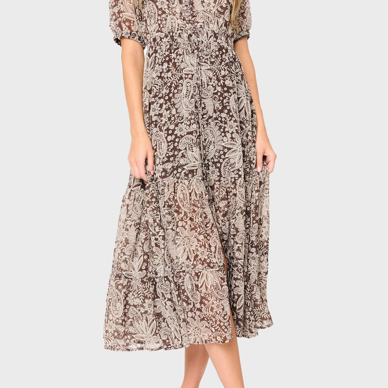 Woman modeling Kira Drawstring Midi Dress in Java Floral brown styled business casual
