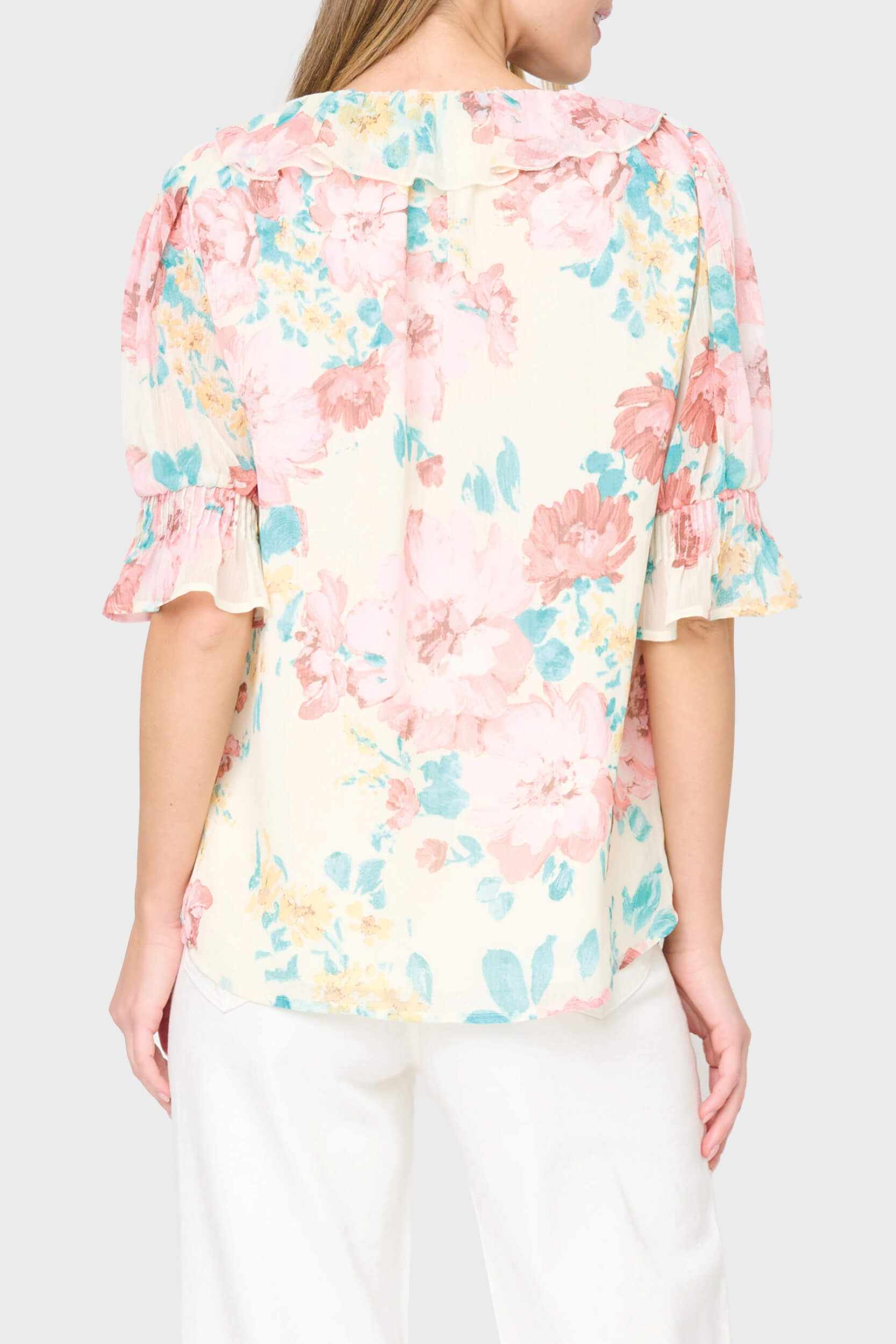 Khloe Ruffle Button Down Blouse | Floral Chiffon Puff Sleeve Top ...