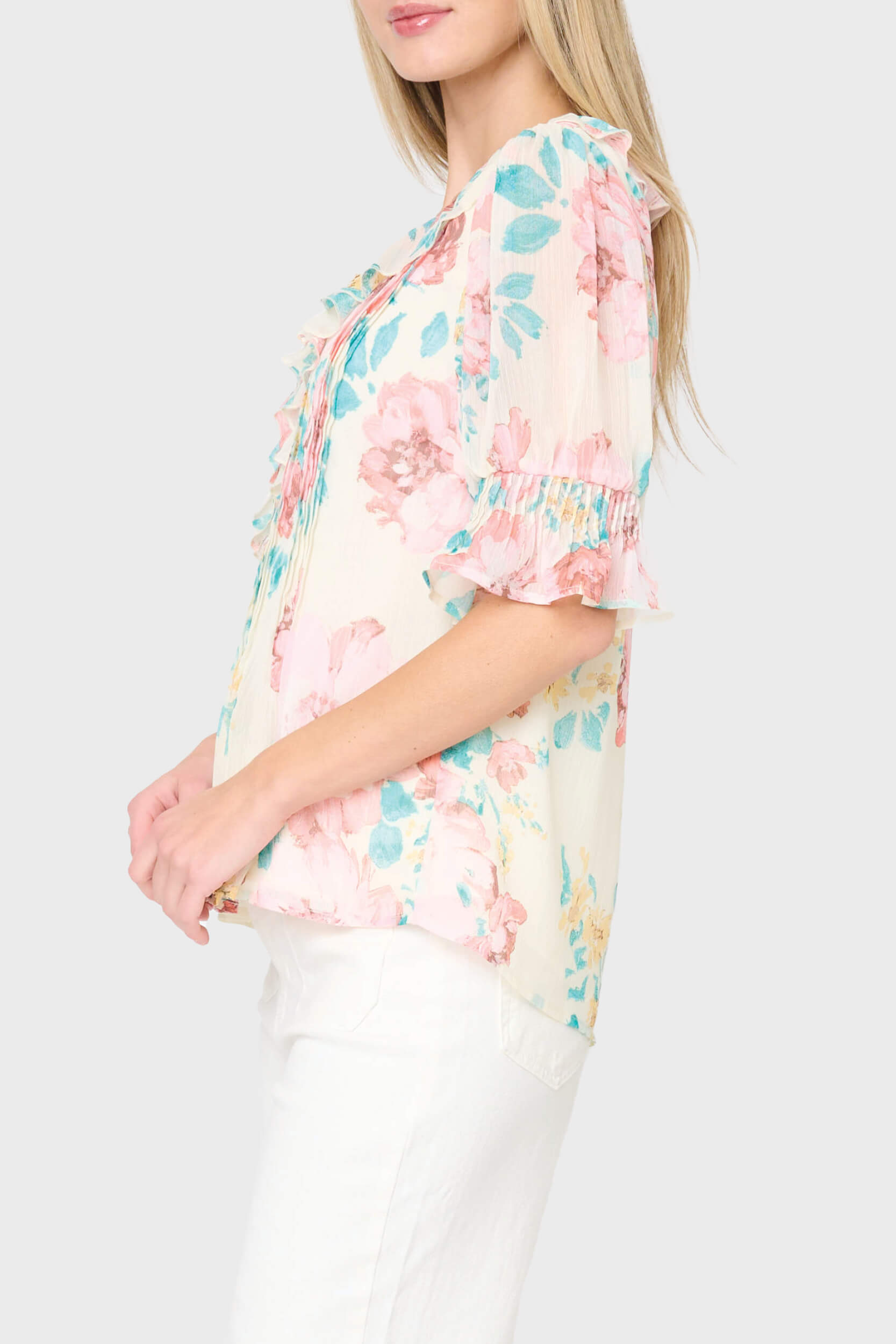 Khloe Ruffle Button Down Blouse | Floral Chiffon Puff Sleeve Top ...