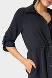 Close-up of Woman wearing Black Jennifer Roll Tab Shirt Dress with Drawcord Waistband