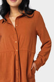 Close-up of Woman wearing Brick Jennifer Roll Tab Shirt Dress with Drawcord Waistband