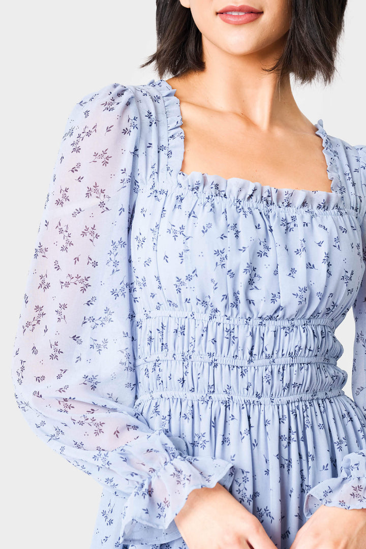 Long Sleeve Square Neck Shirred Maxi Dress  Gibsonlook