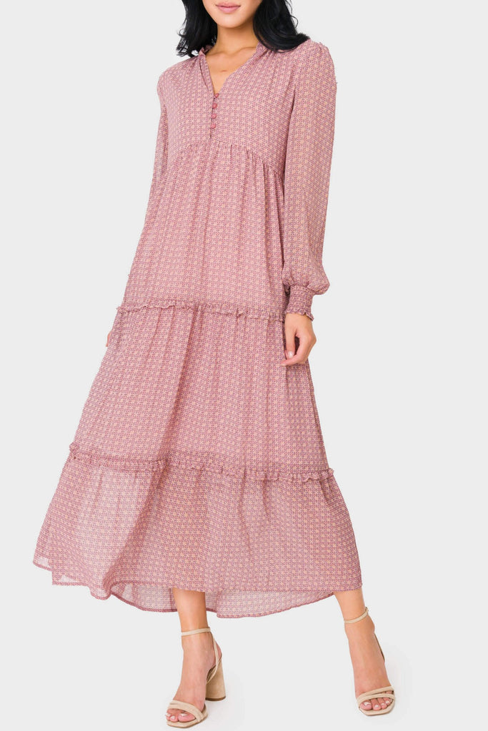 Long Sleeve Printed Chiffon Tiered Maxi Dress Gibsonlook