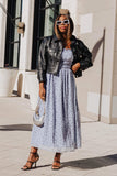 Front of Woman wearing Long Sleeve Square Neck Shirred Maxi Dress in Blue