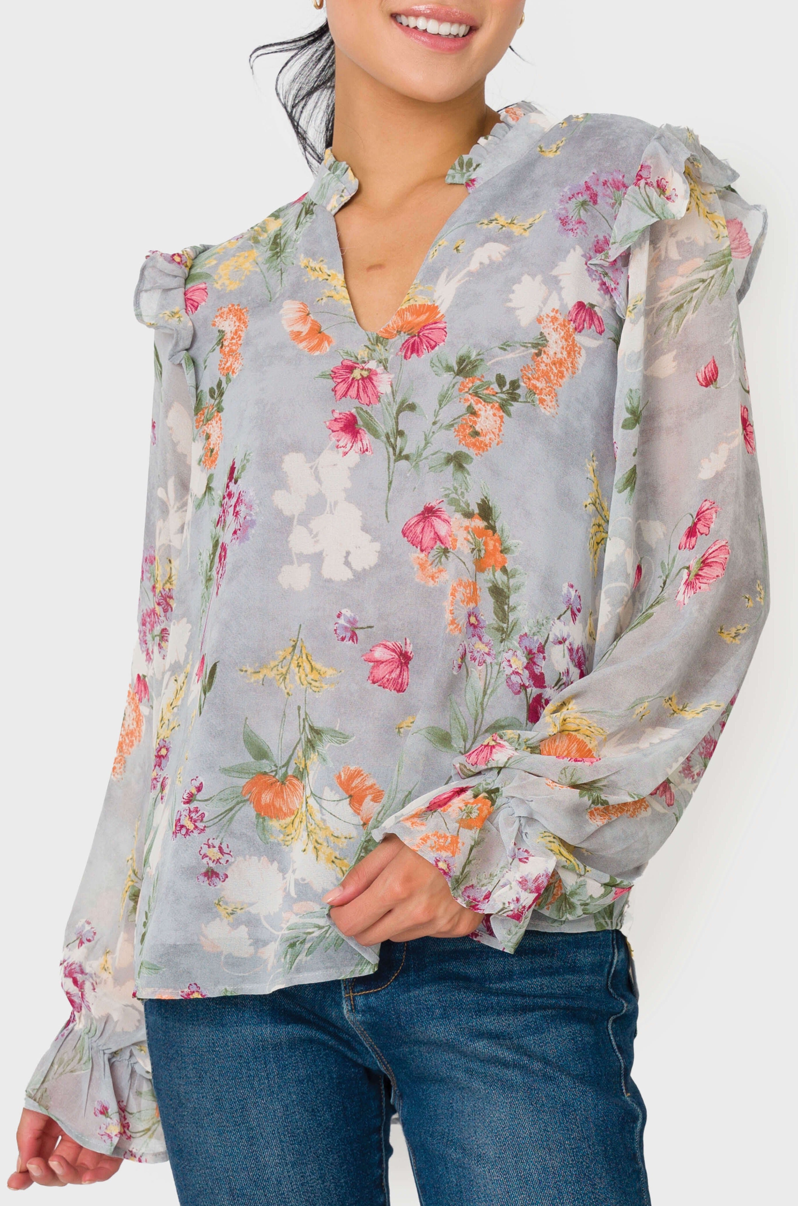 Multicolored Frill Trim V-Neck Flounce Sleeve Blouse – The Blue