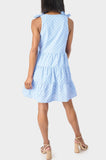 Back of Woman wearing French Blue Dot V-Neck Tiered Dress with Shoulder Ties