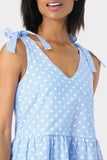 Close-up of Woman wearing French Blue Dot V-Neck Tiered Dress with Shoulder Ties