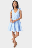 Front of Woman wearing French Blue Dot V-Neck Tiered Dress with Shoulder Ties