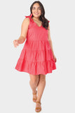 Front of Woman wearing Coral Poppy V-Neck Tiered Dress with Shoulder Ties