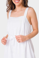 Close-up of Woman wearing Off-White Tiered Maxi Dress with Drawstring Waist