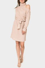 Mock Neck Ribbed One Shoulder Cut Out Knit Dress