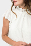 Close-up of Front of Woman wearing Adored High Neck Flutter Sleeve Top in Ivory