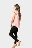 Side of Woman wearing Adored High Neck Flutter Sleeve Top in Soft Rose Posie Print