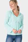 Front of Woman wearing Green Dockside Gauze Hoodie With Roll Tab Sleeve