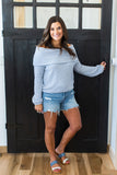 Candice wearing Off Shoulder Foldover Sweater in Blue Grey