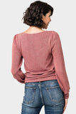 Back of Woman wearing Long Sleeve V-Neck Cinch Front Knit Top in Mauve
