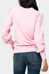 Back of Woman wearing Essential Blouson Sleeve Sweater in Light Raspberry Rose