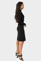 Side of Woman wearing Ruffled Neck Belted Sweater Dress in Black