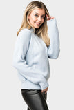 Side of Woman wearing Raglan Sleeve Mixed Media Mock Neck Sweater in Apres Light Blue