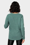 Back of WOman wearing V-Neck Ribbed Relaxed Sweater in Teal Pine