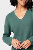 Close-up of WOman wearing V-Neck Ribbed Relaxed Sweater in Teal Pine
