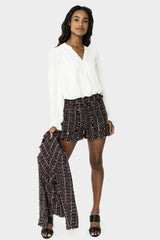 Front of Woman wearing Boucle Short with Patch Pocket in Berry Black Boucle