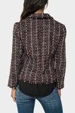 Back of Woman wearing Notched Collar Boucle Blazer in Berry Black Boucle