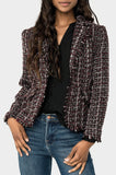 Front of Woman wearing Notched Collar Boucle Blazer in Berry Black Boucle