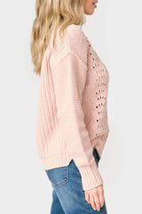 Side of Woman wearing Long Sleeve Pullover Scallop Stitch Sweater in Pearl Blush
