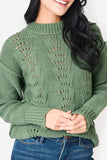 Close-up of Woman wearing Long Sleeve Pullover Scallop Stitch Sweater in Sage