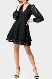 Front of Woman wearing Fit and Flare Lace Dress with Layered Skirt in Black