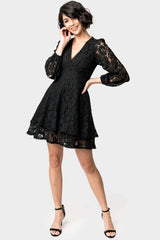 Front of Woman wearing Fit and Flare Lace Dress with Layered Skirt in Black