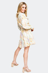 Side of Woman wearing Spring Wildflower Print Wildflower Blouson Long Sleeve Belted Tiered Dress