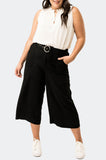 Front of Woman wearing Black GIGI Belted Linen Cropped Trouser