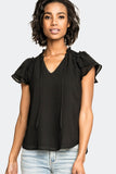 Front of Woman wearing Black French Gauze Flutter Sleeve Blouse with Ties