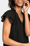 Close-up of Woman wearing Black French Gauze Flutter Sleeve Blouse with Ties
