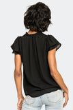 Back of Woman wearing Black French Gauze Flutter Sleeve Blouse with Ties