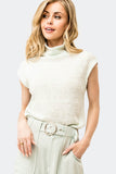Front of Woman wearing Empowered Funnel Neck Cap Sleeve Sweater Top in Sage Green