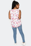 Back of Woman wearing White Spring Coral Floral Sleeveless Smocked Yoke Button Front Blouse