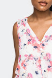 Close-up of Woman wearing White Spring Coral Floral Sleeveless Smocked Yoke Button Front Blouse