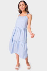 Front of Woman wearing Sky Windowpane Plaid Adjustable Drawstring Tiered Midi Dress