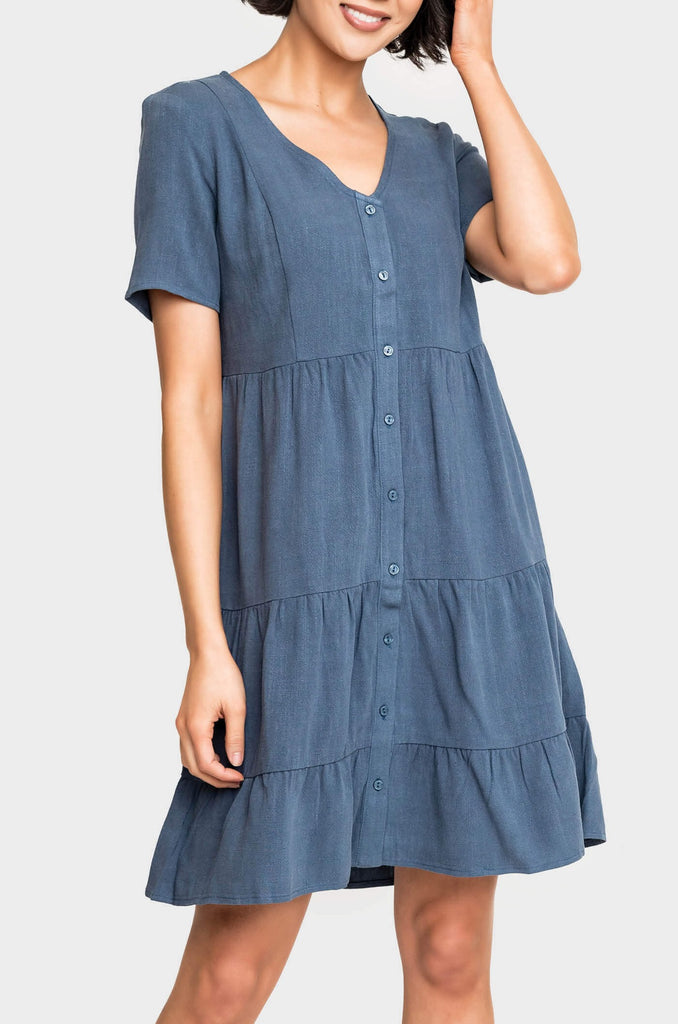Short Sleeve Button Front Tiered Linen Dress – Gibsonlook