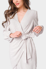 Close-up of Woman wearing Silver Blouson Sleeve Wrap Linen Dress