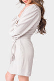 Side of Woman wearing Silver Blouson Sleeve Wrap Linen Dress