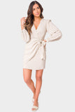Front of Woman wearing Two Tone Oatmeal Blouson Sleeve Wrap Linen Dress