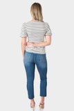 Back of Woman wearing Black Stripe Square Neck Puff Sleeve Striped Top