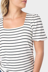Close-up of Woman wearing Black Stripe Square Neck Puff Sleeve Striped Top