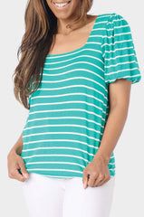 Front of Woman wearing Jade Ivory Stripe Square Neck Puff Sleeve Striped Top