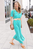 Front of Woman wearing Jade Ivory Stripe Henley Detail Knit Maxi Dress